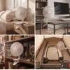 Usos del Ventilador de Clip en Casa y Exterior Collage que muestra el ventilador de clip DVtec utilizado en una mesita de noche, un escritorio de PC, una estantería de libros y dentro de una tienda de campaña.
