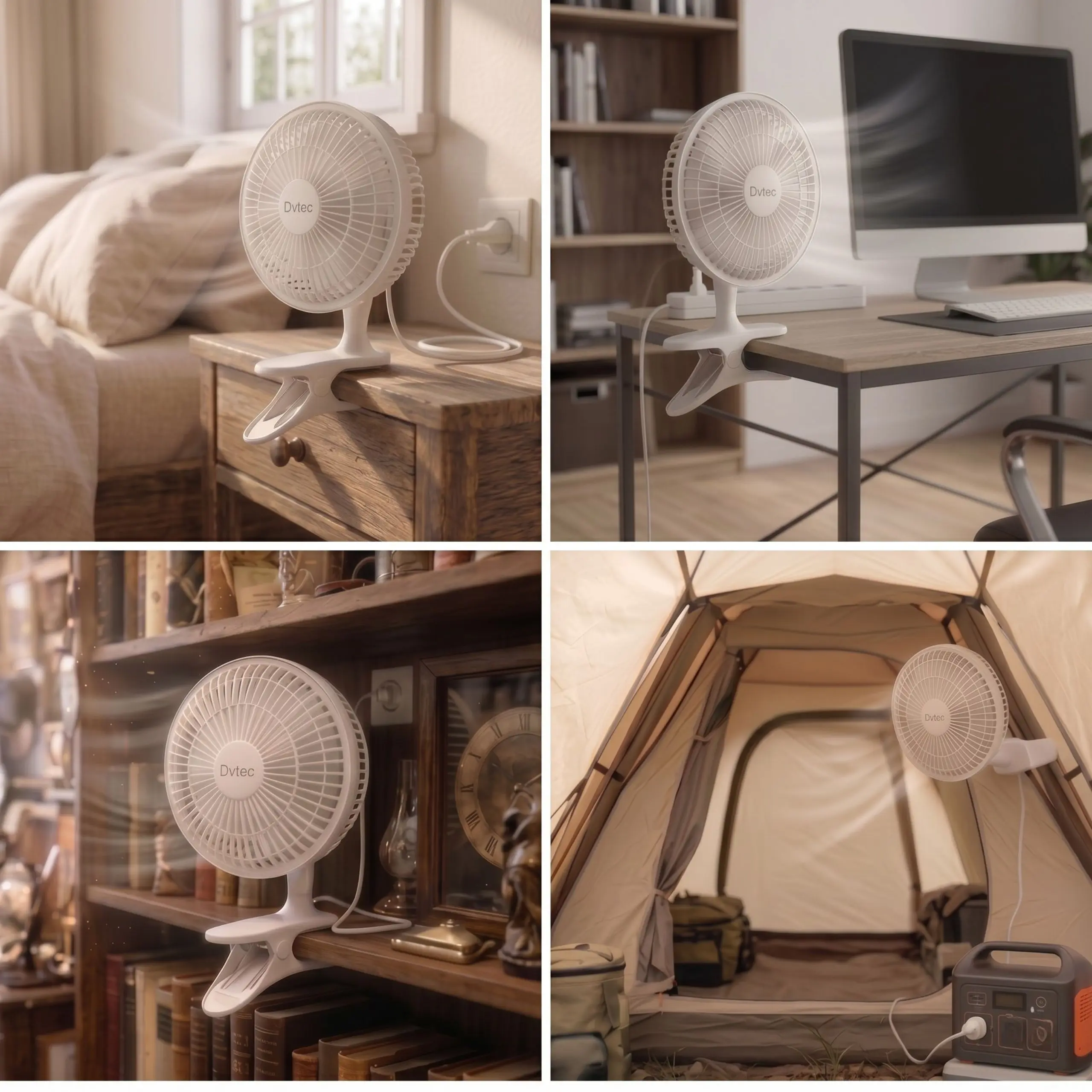 Usos del Ventilador de Clip en Casa y Exterior Collage que muestra el ventilador de clip DVtec utilizado en una mesita de noche, un escritorio de PC, una estantería de libros y dentro de una tienda de campaña.