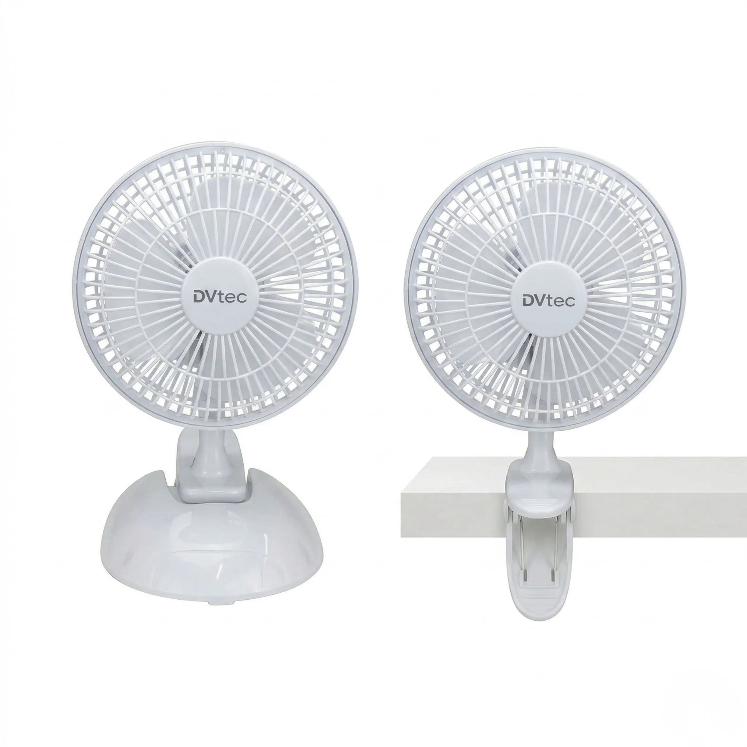 Ventilador Versátil con Base y Pinza DVtec Comparativa del ventilador DVtec de 6 pulgadas mostrado en sus dos modos: con base estable para mesa y con clip robusto para sujeción en bordes.