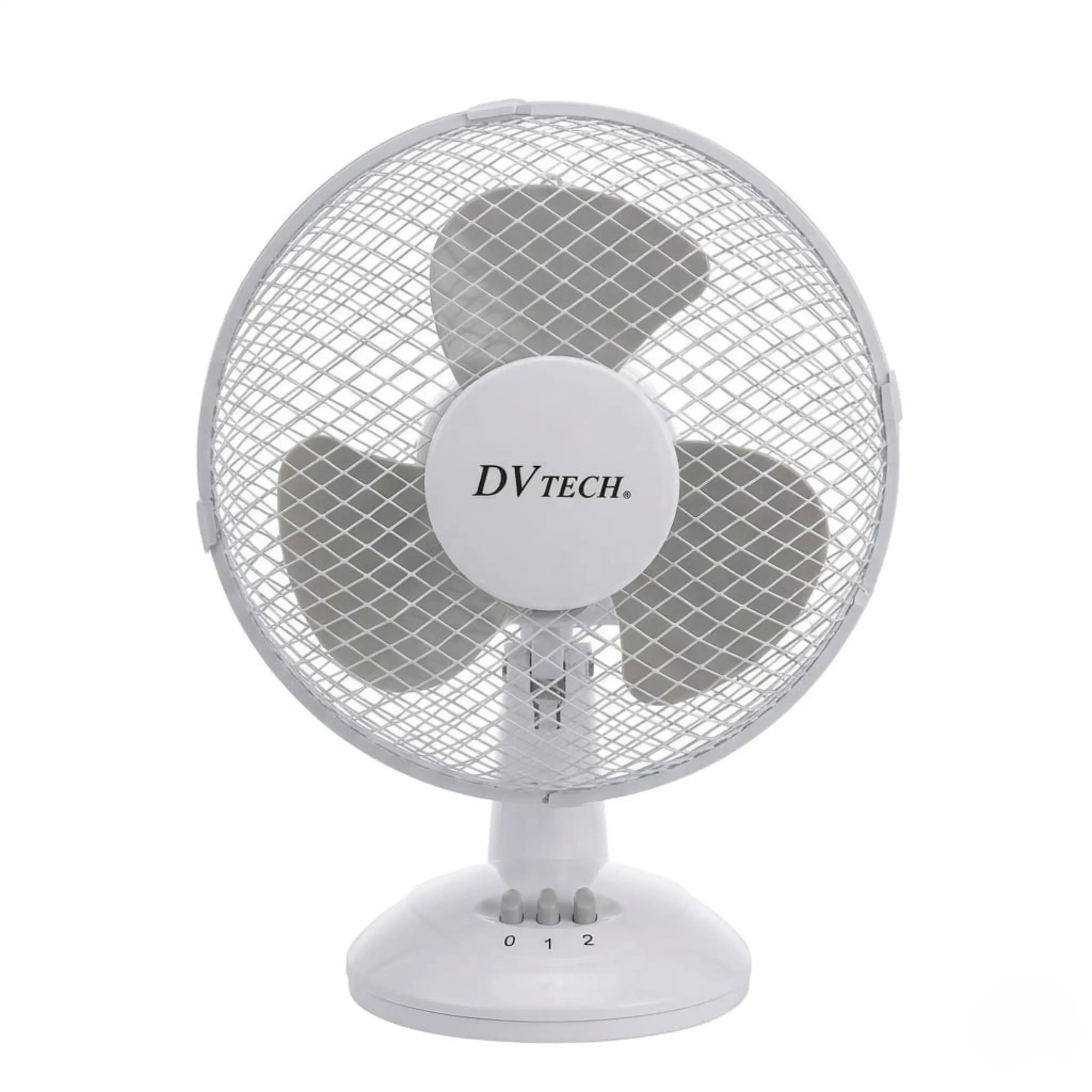 Ventilador de Mesa DVTECH – Vista Frontal Ventilador de mesa silencioso marca DVTECH en color blanco con rejilla de seguridad y 2 velocidades para escritorio.