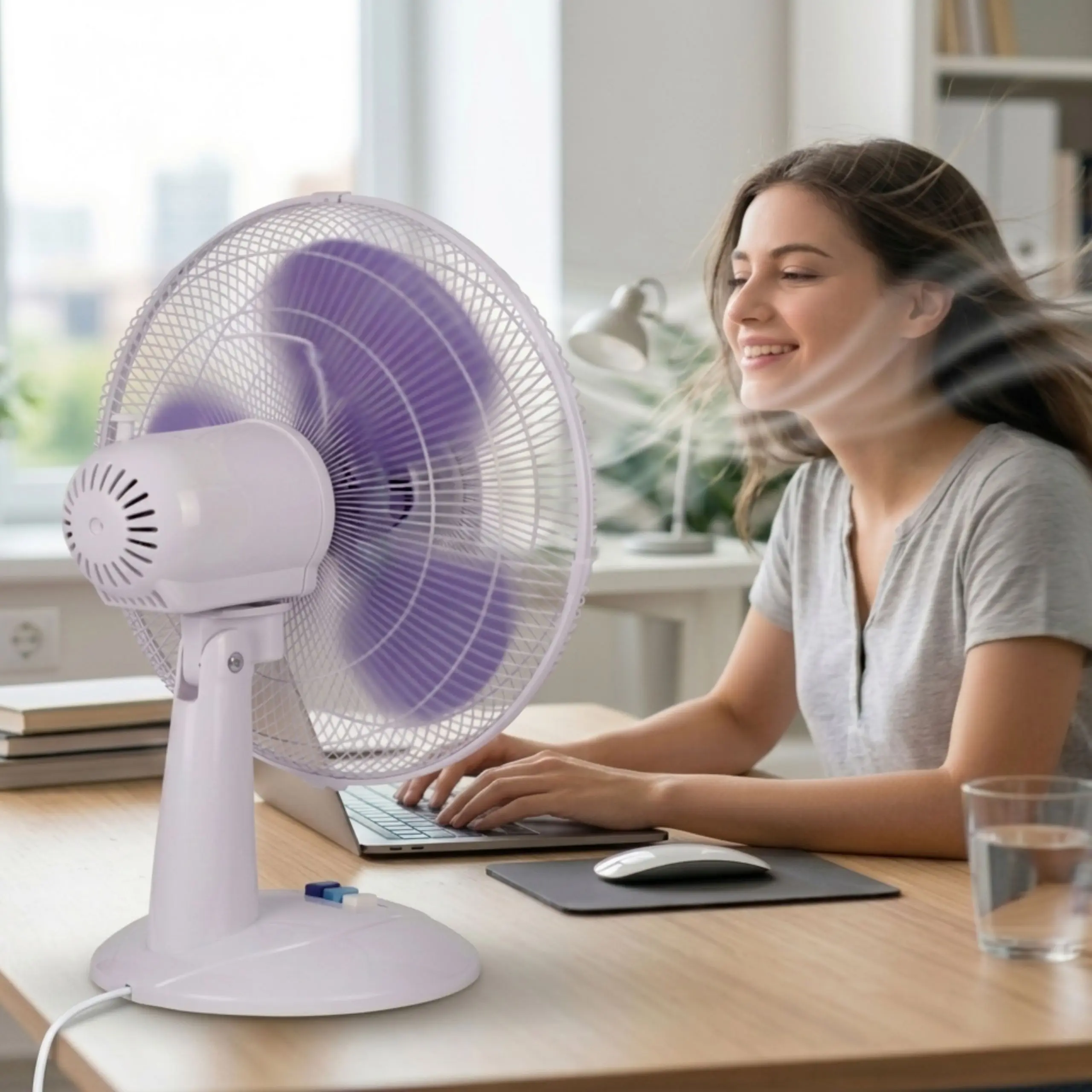 Ventilador de Escritorio para Oficina Mujer trabajando con laptop usando un ventilador de escritorio compacto DVTECH para mantener la frescura durante el teletrabajo.
