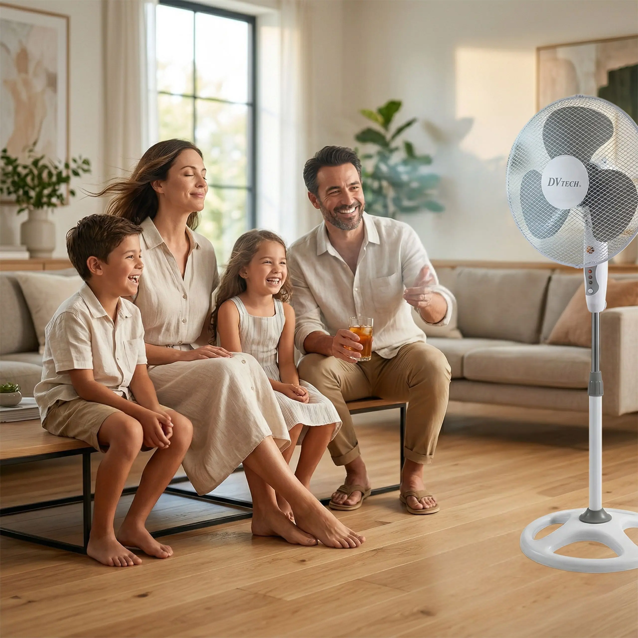Seguridad Familiar DVTECH Familia disfrutando de la brisa del ventilador DVTECH en la sala, destacando su rejilla de seguridad para niños.
