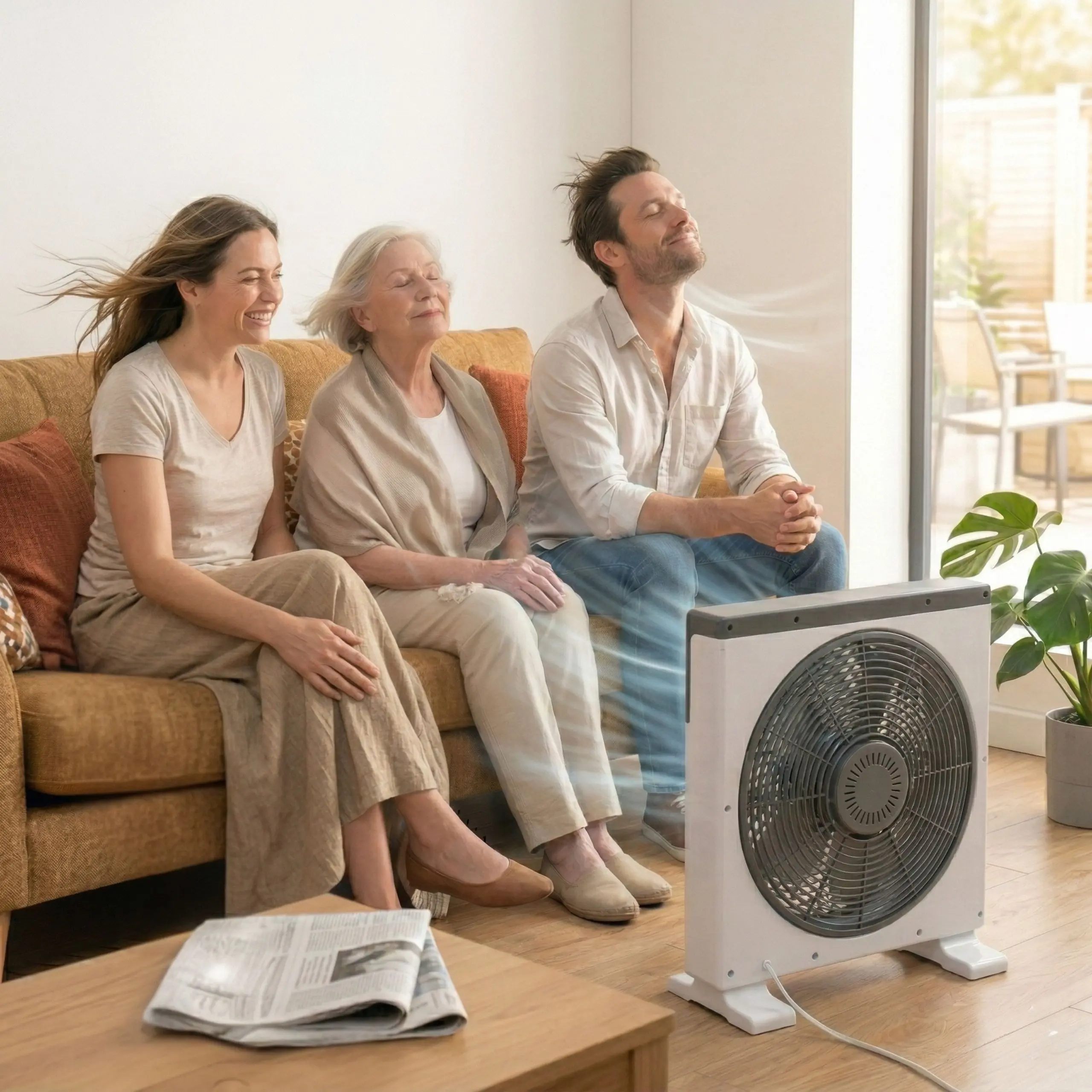 Confort familiar con ventilador DVTech Familia disfrutando del flujo de aire fresco de un ventilador potente en el sofá de su casa.