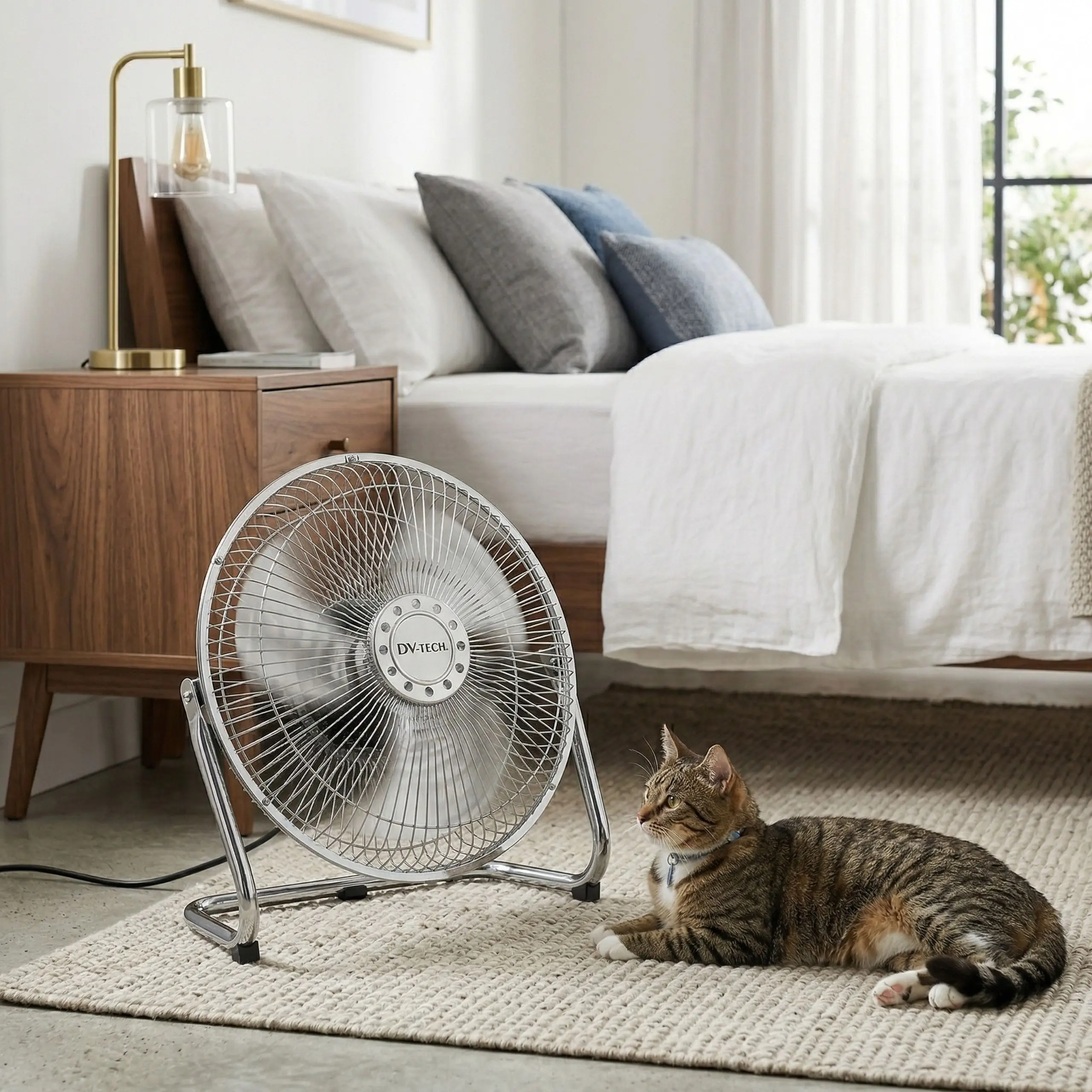 Ventilador Seguro para Mascotas DV-TECH Gato descansando frente a un ventilador de suelo metálico industrial DV-TECH en un dormitorio iluminado y acogedor.