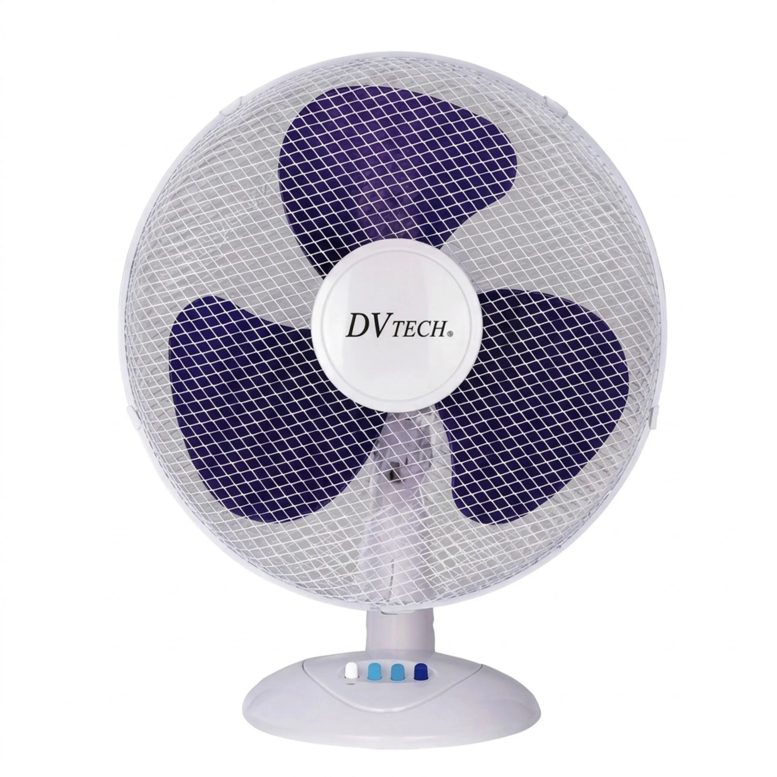 Ventilador de Mesa DVTECH 60W Ventilador de mesa DVTECH blanco con aspas púrpura de 3 velocidades y rejilla de seguridad para hogar u oficina.