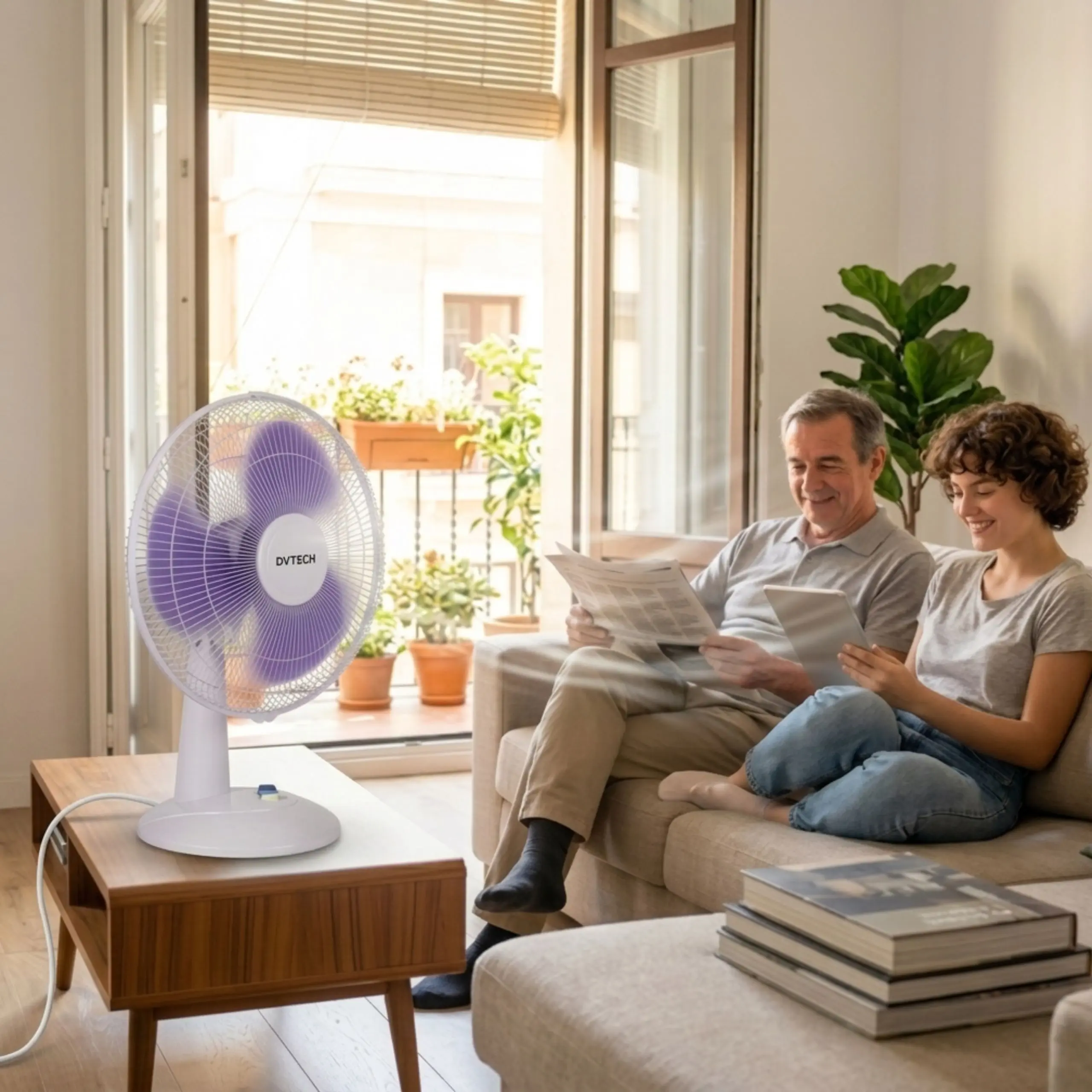 Ventilador de Mesa para el Hogar Ventilador de mesa silencioso en una sala de estar refrescando a una familia, ideal para mejorar la climatización en casa.