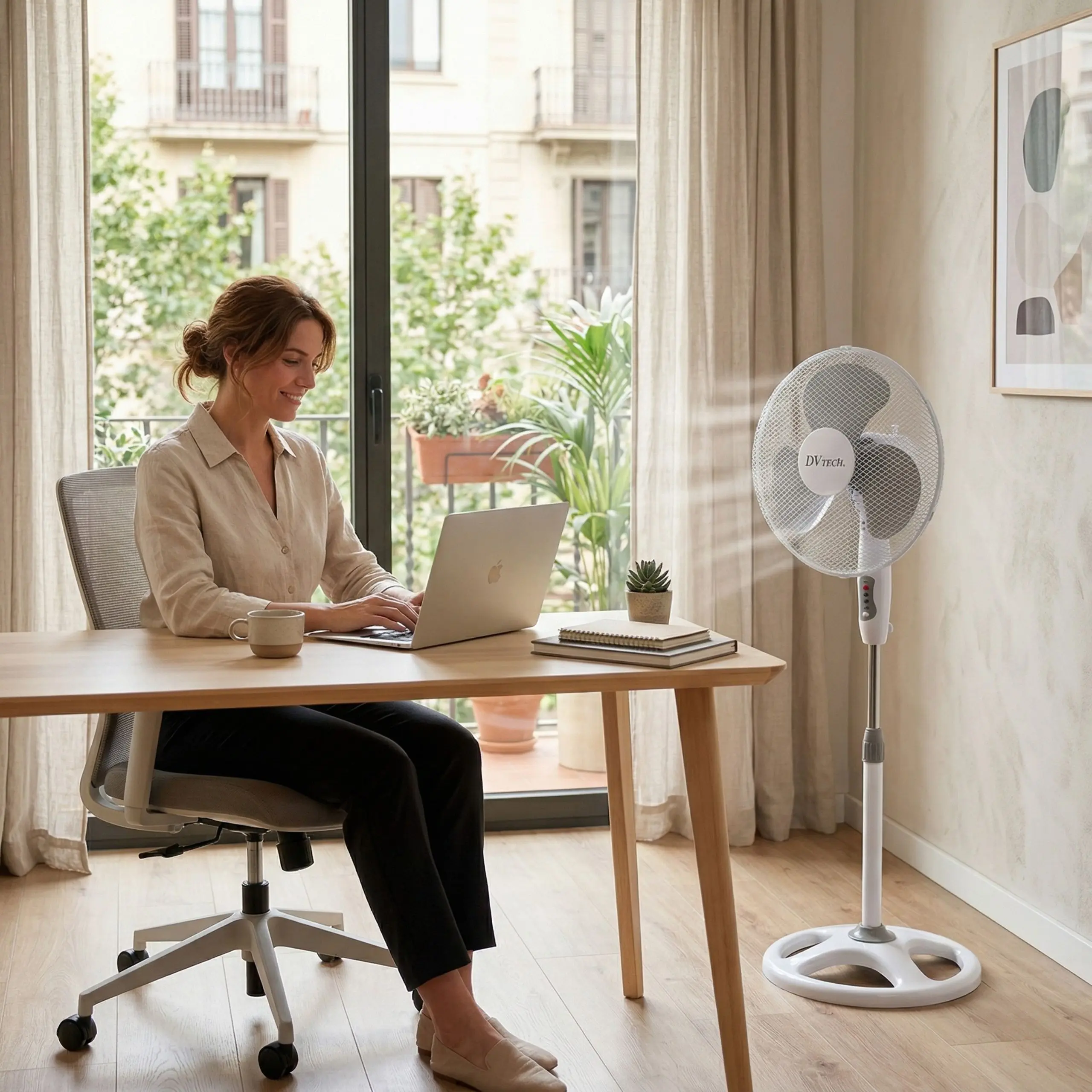 Ideal para Oficina y Trabajo Mujer trabajando con laptop en escritorio refrescada por un ventilador de pie DVTECH, ideal para mantener la concentración.