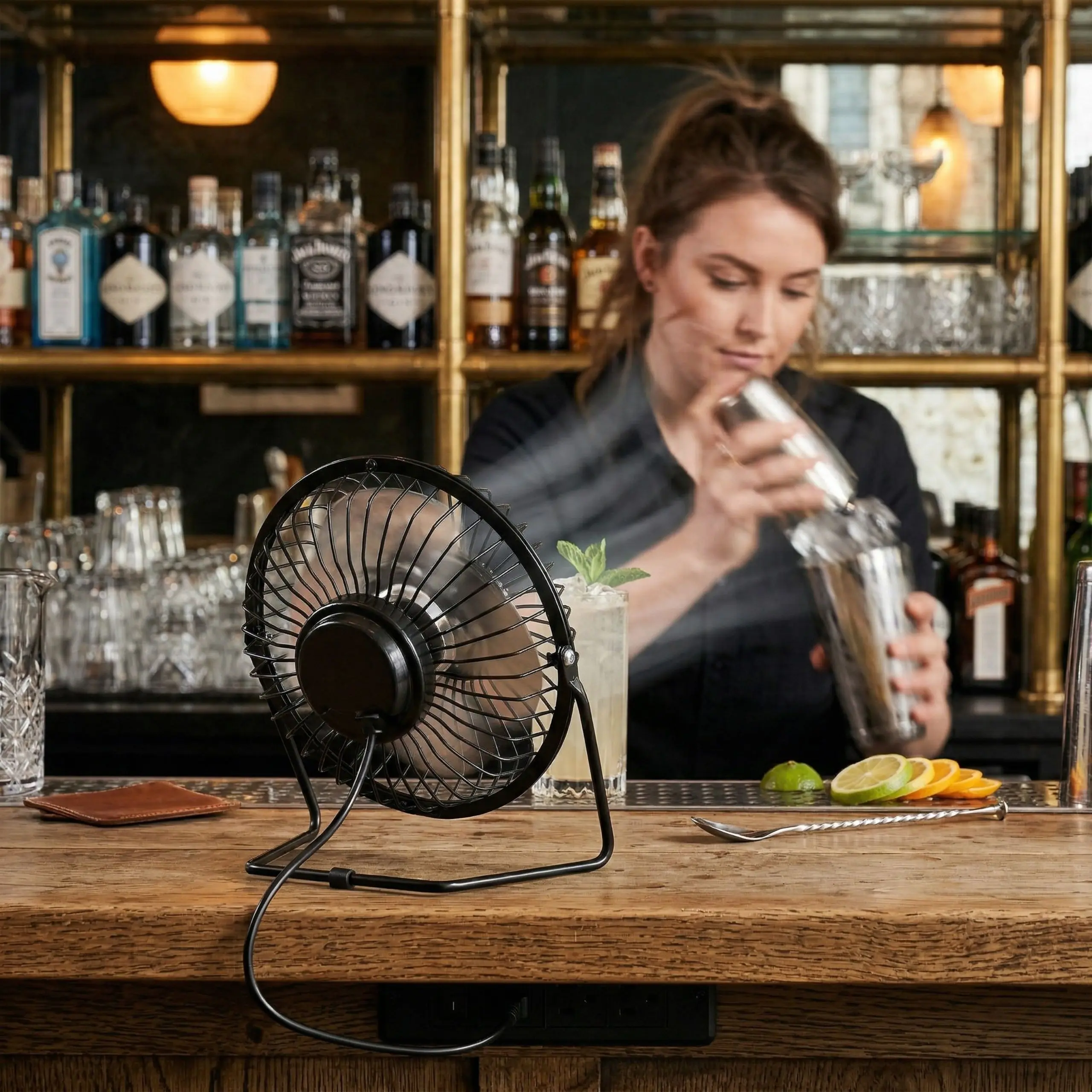 Ventilador Compacto para Uso Comercial Mini ventilador USB de metal en una barra de bar profesional, ideal para espacios compactos y hostelería.