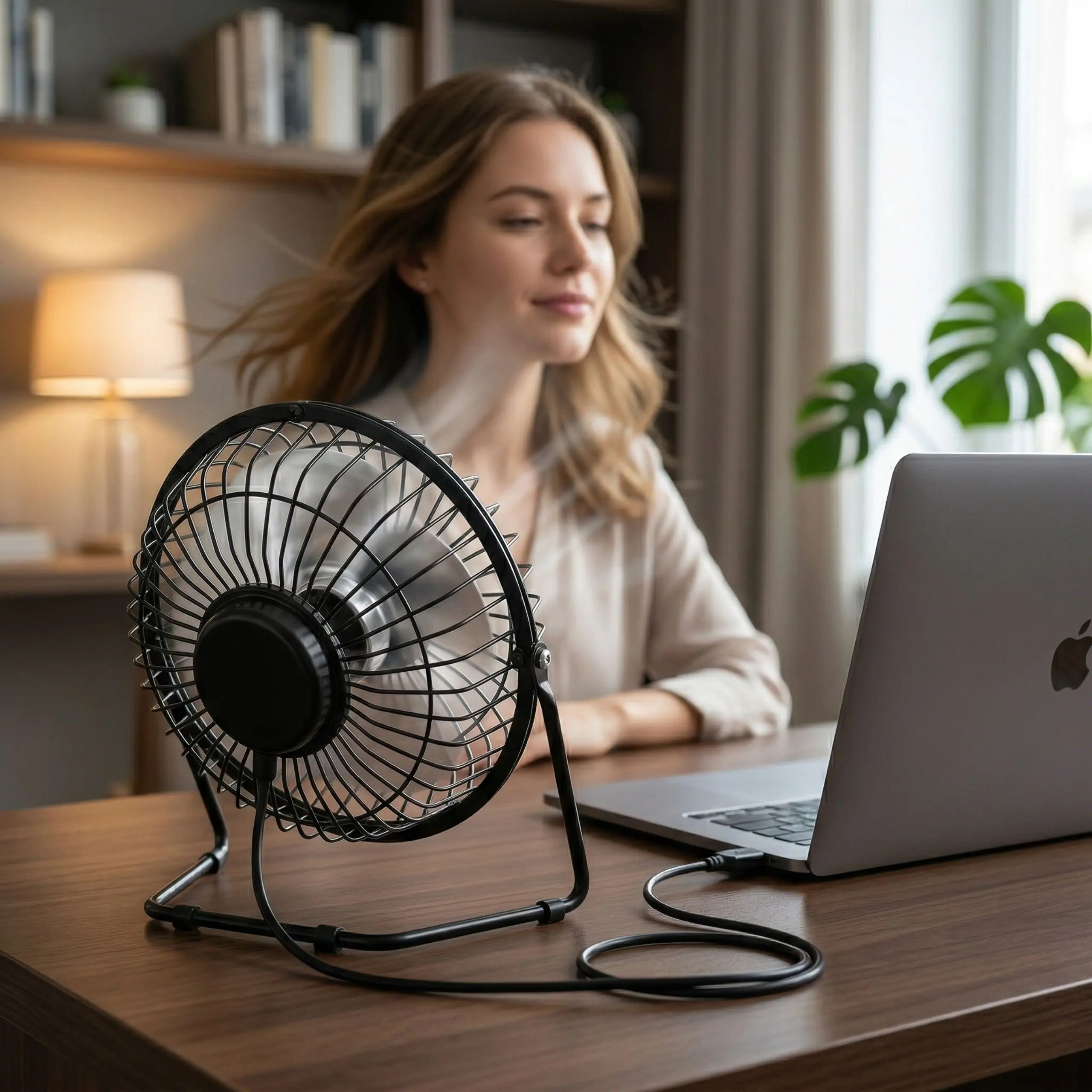 Ventilador USB para Laptop y Trabajo Mujer trabajando en escritorio con un mini ventilador USB conectado a su laptop para refrescar el ambiente de trabajo.