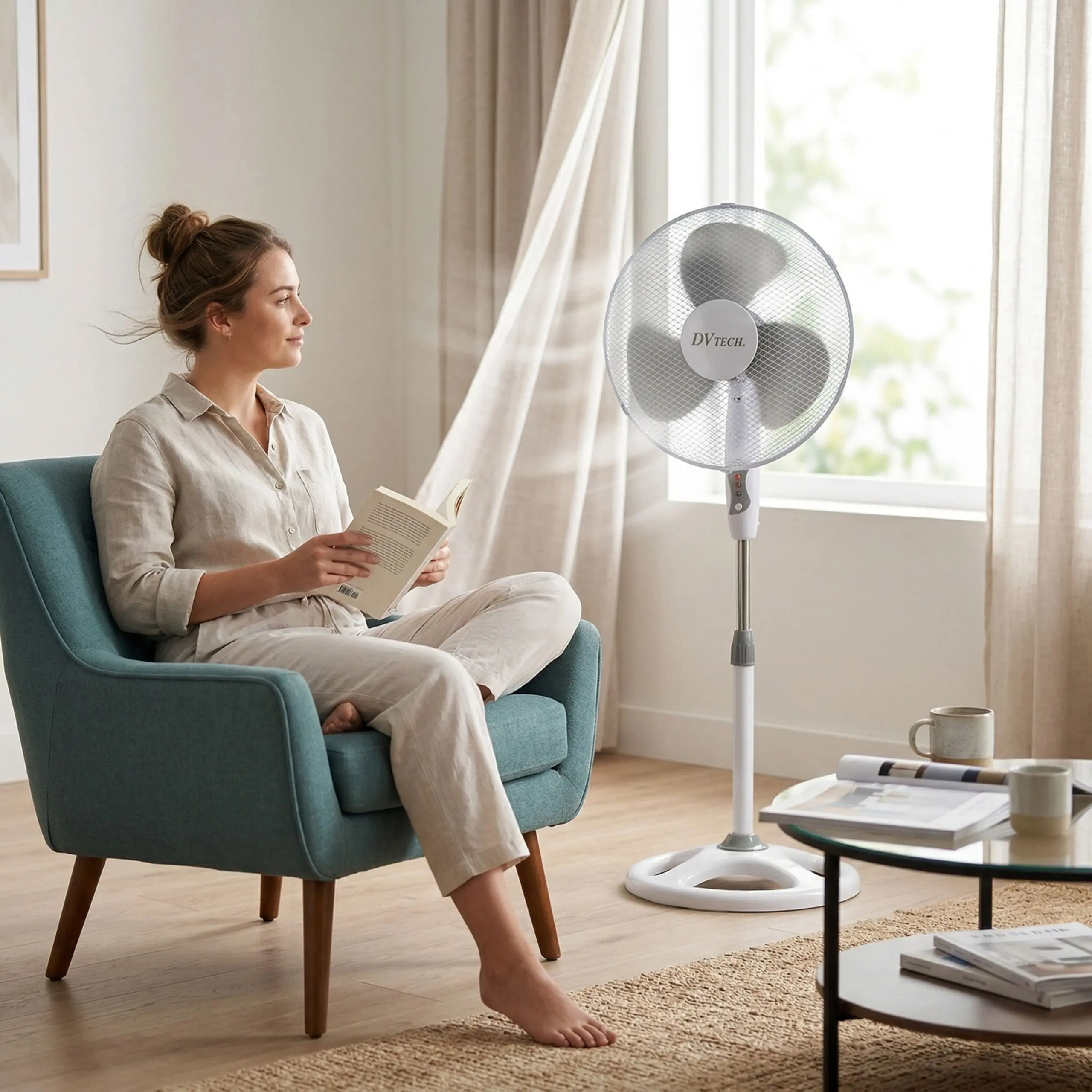 Confort en el Hogar Mujer relajada leyendo en un sillón con el ventilador de pie DVTECH funcionando de forma silenciosa en la sala de estar.