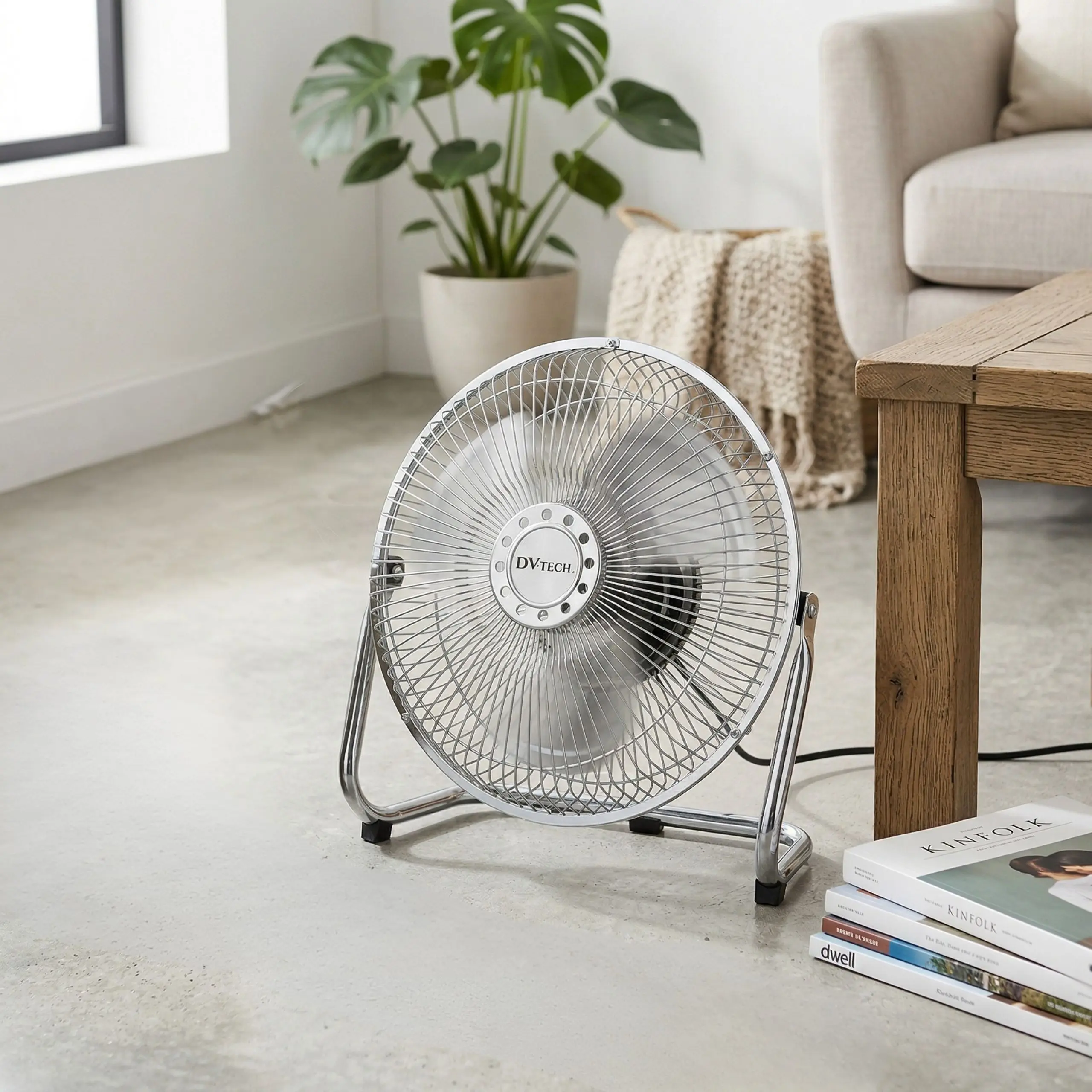 Ventilador de Metal Cromado DV-TECH en Salón Ventilador de suelo metálico cromado DV-TECH con 3 velocidades en un salón moderno con suelo de cemento y plantas.
