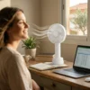Ventilador portátil recargable blanco Ventilador portátil recargable color blanco con puerto USB-C y base de apoyo, diseño compacto y ligero de alta eficiencia.