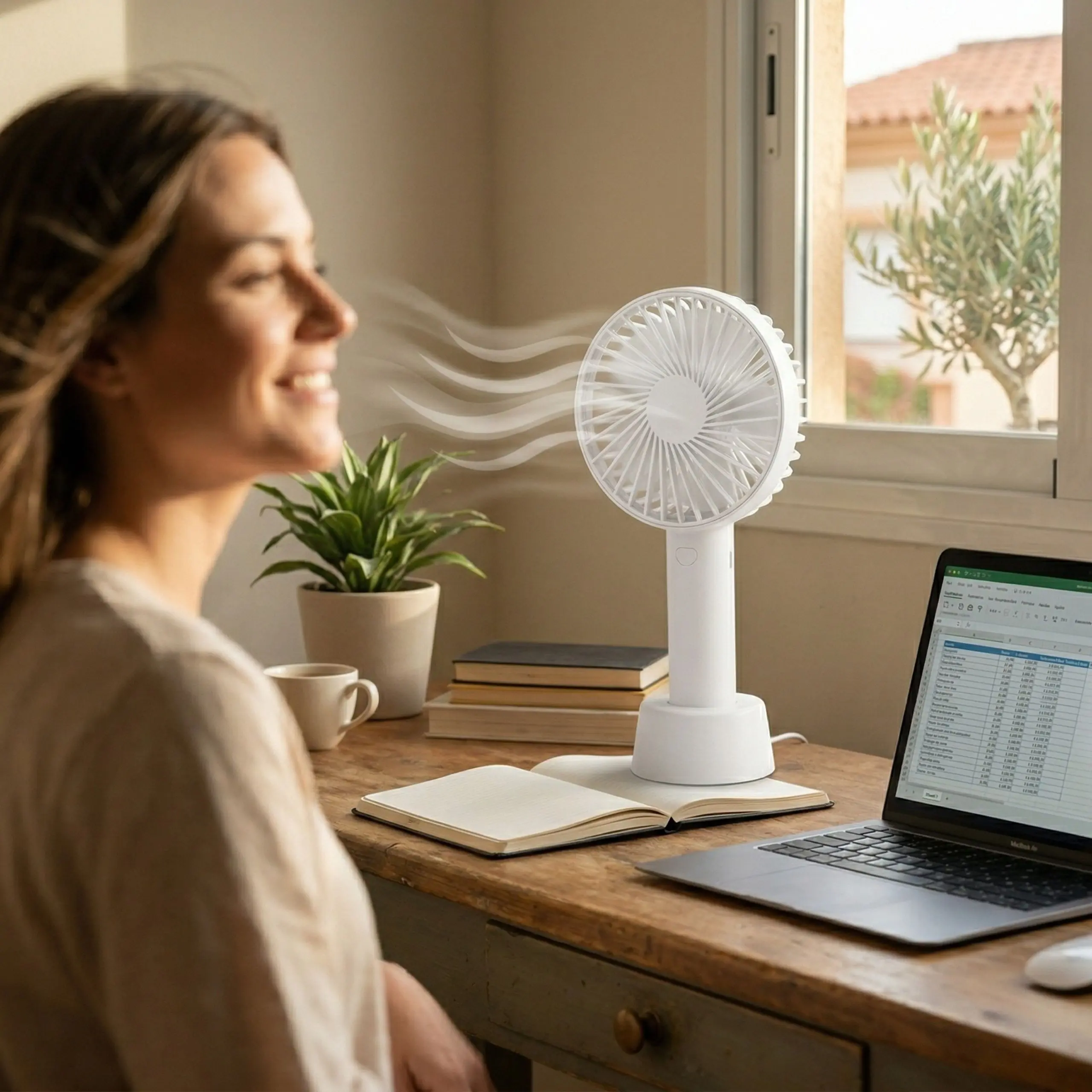 Ventilador portátil recargable blanco Ventilador portátil recargable color blanco con puerto USB-C y base de apoyo, diseño compacto y ligero de alta eficiencia.