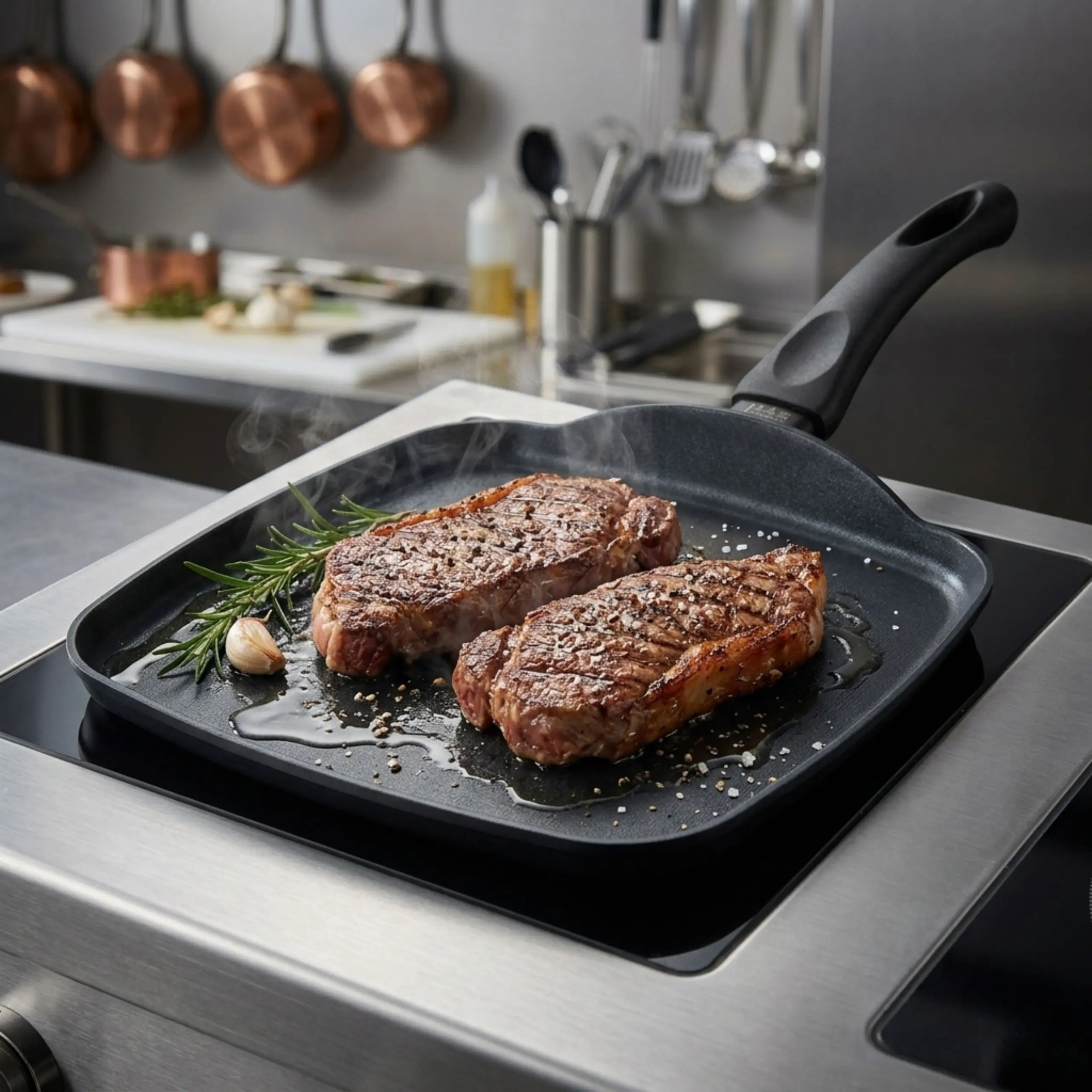 Filetes de carne cocinándose en asadora lisa de aluminio sobre placa de inducción para una cocción uniforme.