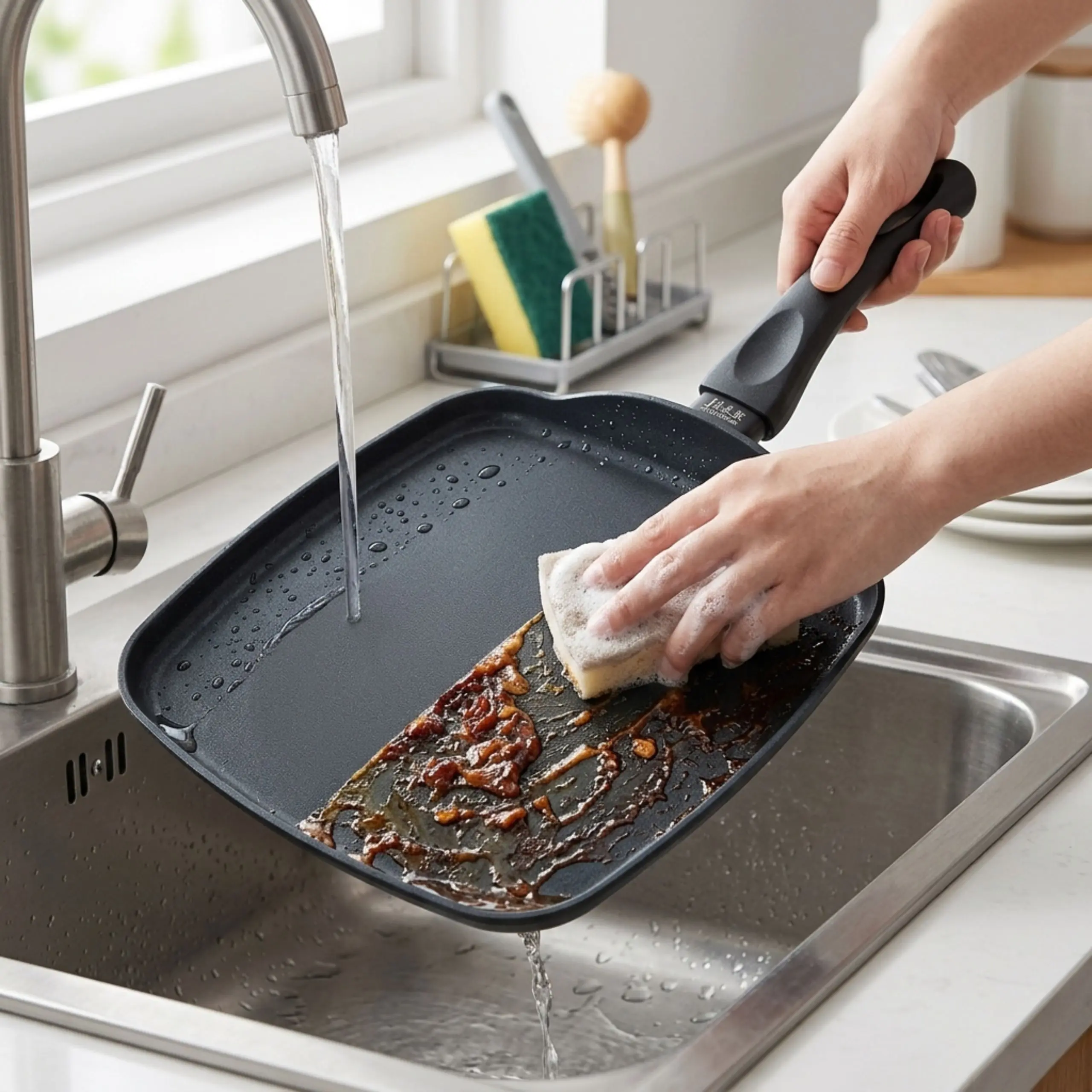 Mujer limpiando asadora antiadherente de aluminio libre de PFOA bajo el grifo en una cocina moderna.
