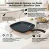Infografía detallada sobre los beneficios de una asadora de aluminio: antiadherente, fondo Full Induction y mango ergonómico.