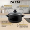 Infografía de olla esmaltada de 24 cm con beneficios de cocción y uso