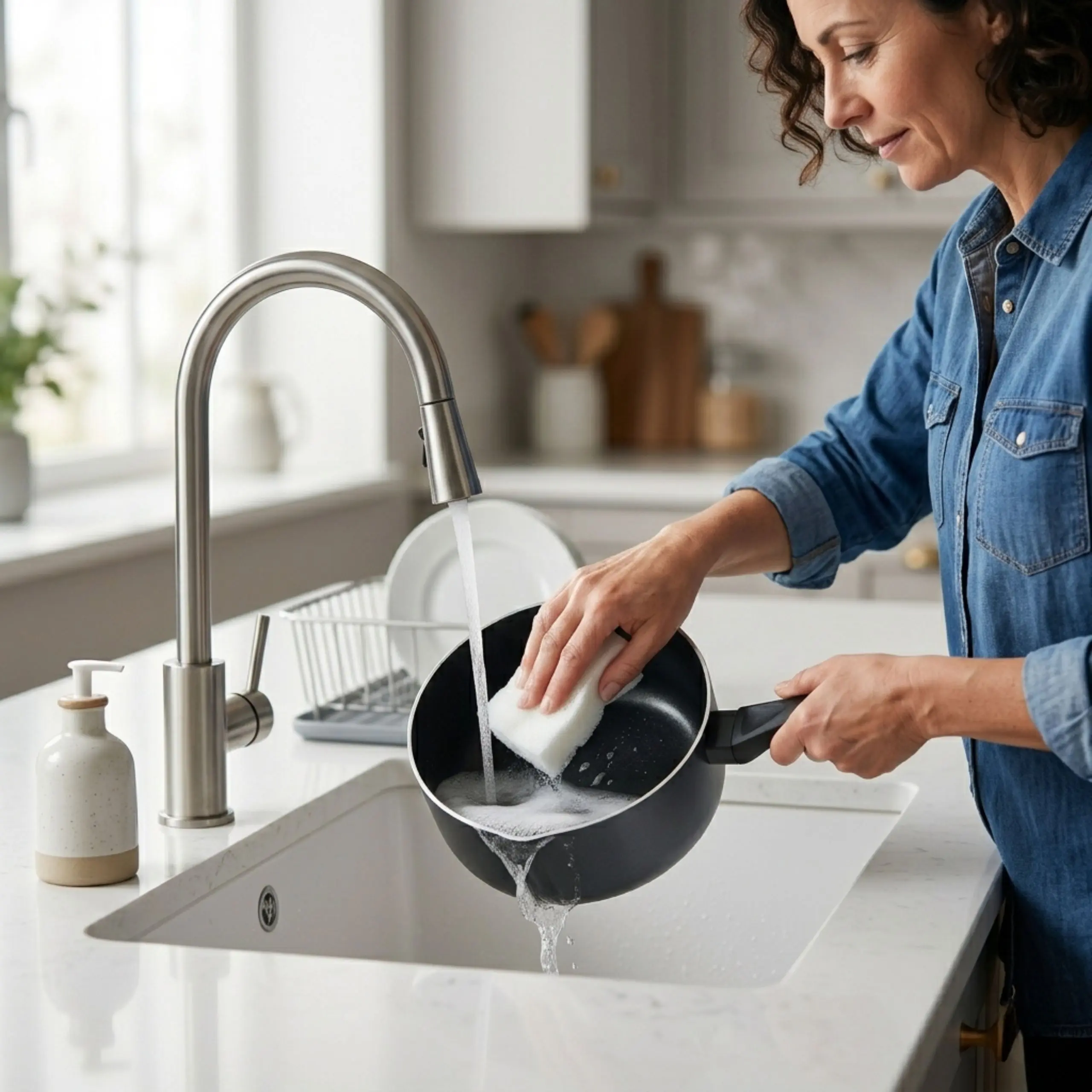 Mujer lavando a mano un cazo de cocina pequeño antiadherente negro bajo el grifo del fregadero con una esponja suave, demostrando la facilidad de limpieza de la superficie libre de PFOA.