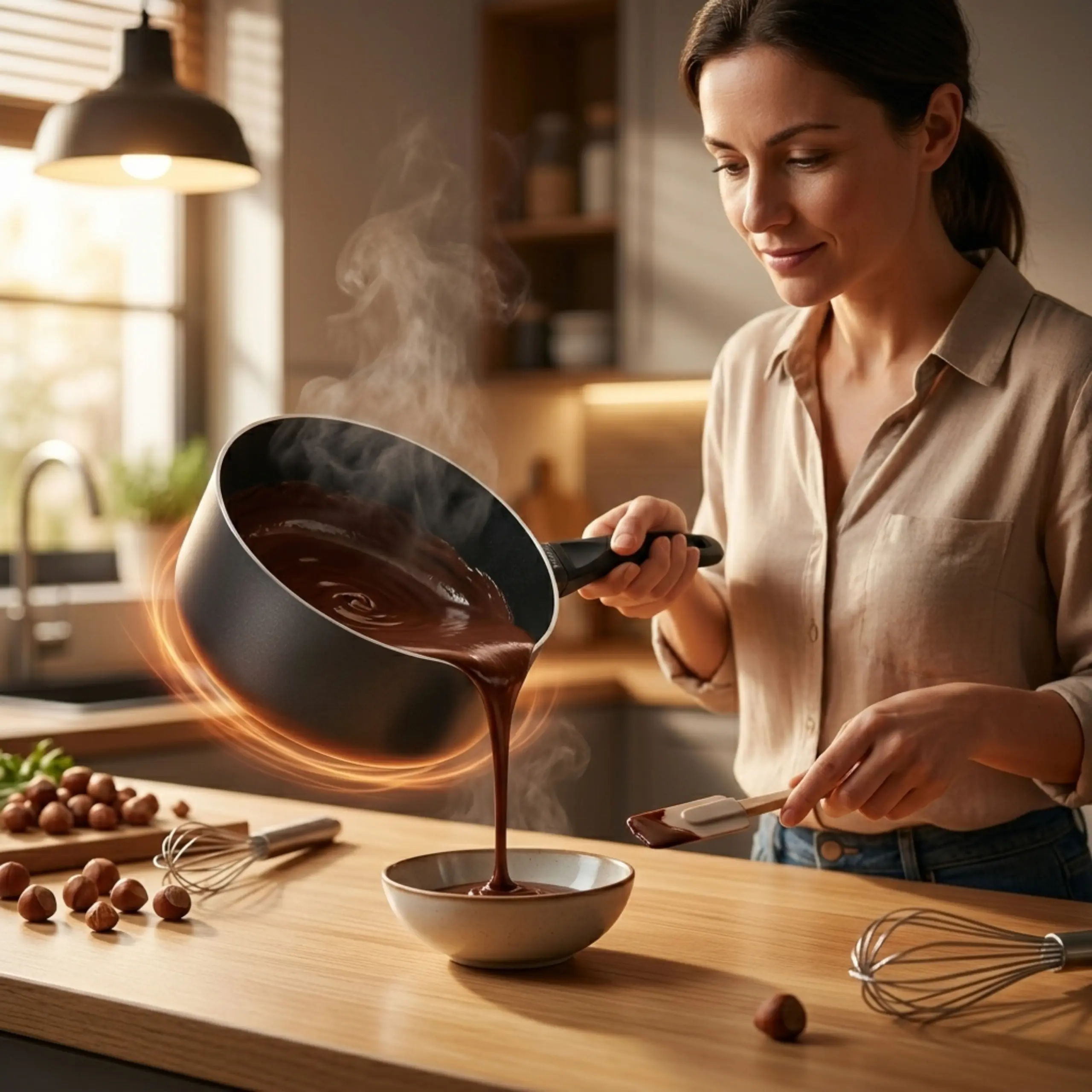Cazo de aluminio vertiendo chocolate fundido espeso en un bol sobre una encimera de cocina, destacando el calentamiento rápido y uniforme para postres.