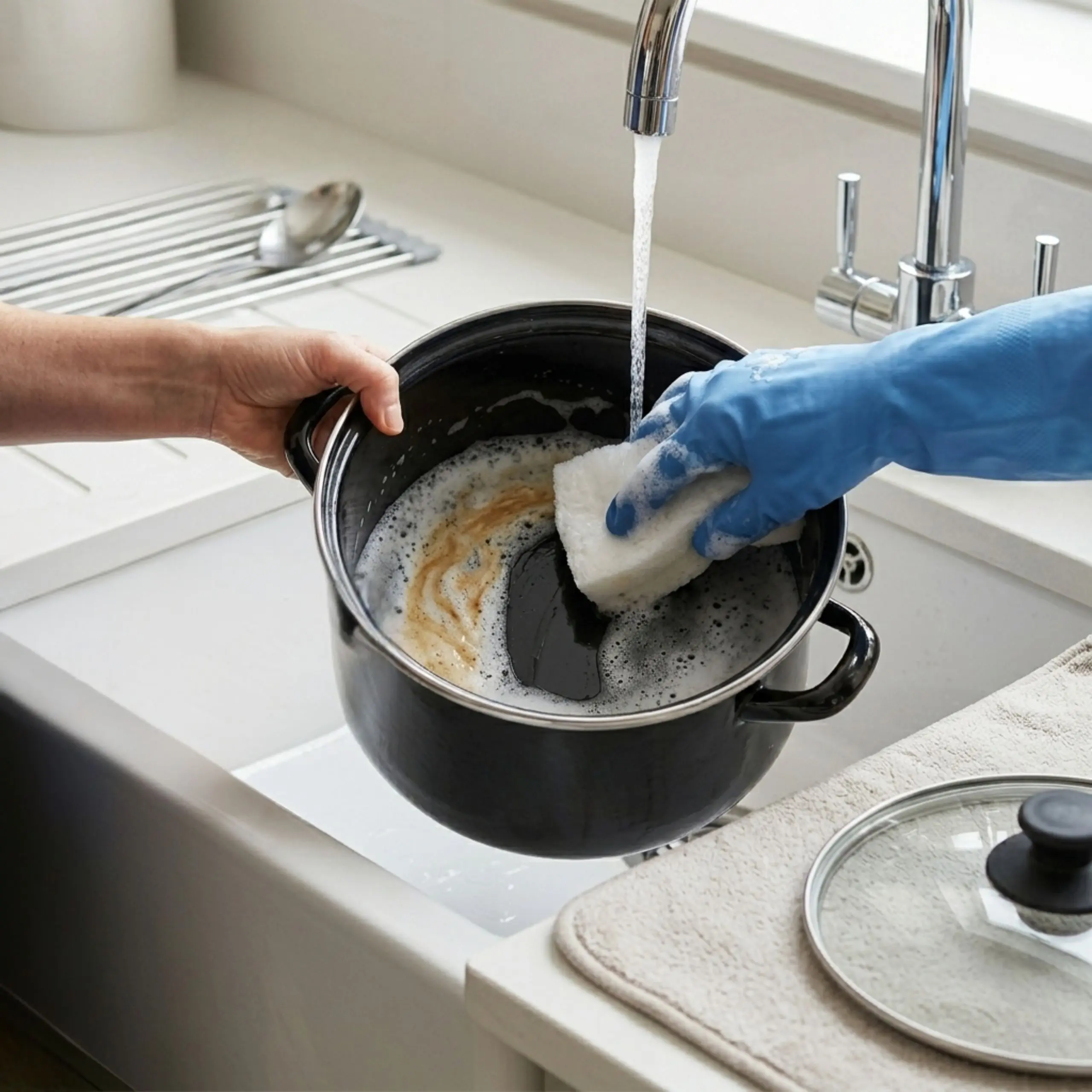 Persona lavando una olla esmaltada negra bajo el grifo con esponja